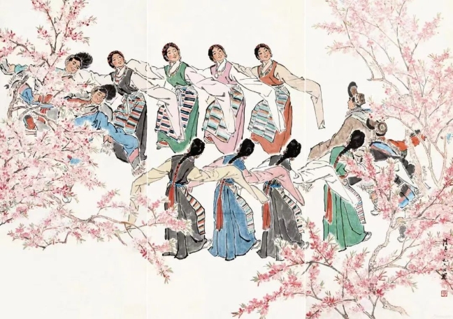 葉淺予高原之春紙本設(shè)色211cm×98cm、211cm×105cm、211cm×98cm1964年